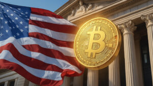 American flag waving beside a Bitcoin symbol in front of a US bank building, representing US banks supporting Bitcoin in 2025 – MAGAbit